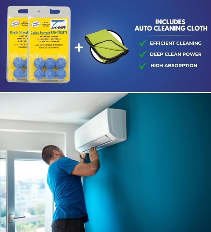 AC-Safe Air Conditioner Pan Cleaner Tablets 6 ct Bundle with Microfiber Auto Cleaning Cloth – Non-Toxic AC Drain Pan & Condensate Line Cleaner - Eliminates Odors for AC and Humidifiers - (3 items)