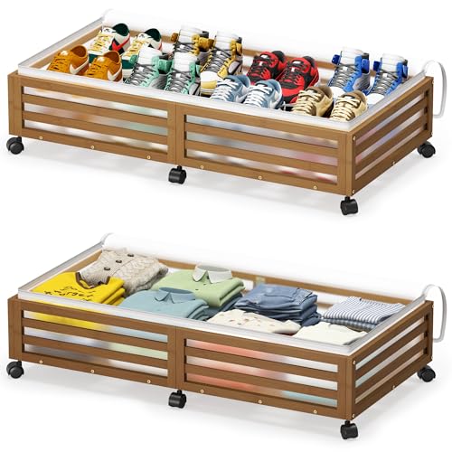 Under Bed Storage with Wheels, 2 Pack Bamboo Drawers for Shoes - Image 2