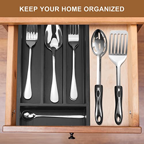 Black Small Kitchen Silverware Drawer Organizer Wooden Cutlery - Image 3