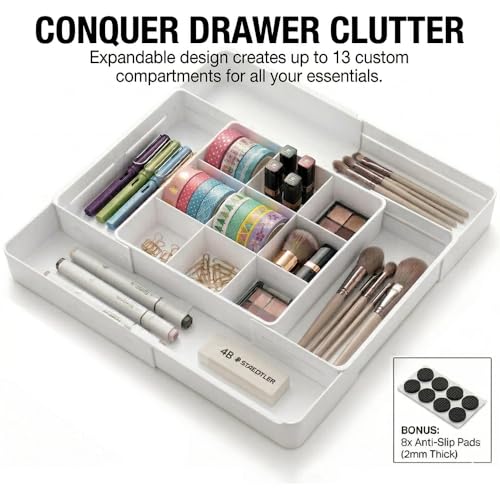 4-Way Expandable Drawer Organizer, 2.2" Low Profile Tray, White - Image 5