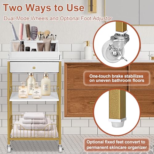 Makeup Organizer Cart, Rolling Vanity Storage, Gold and White - Image 6