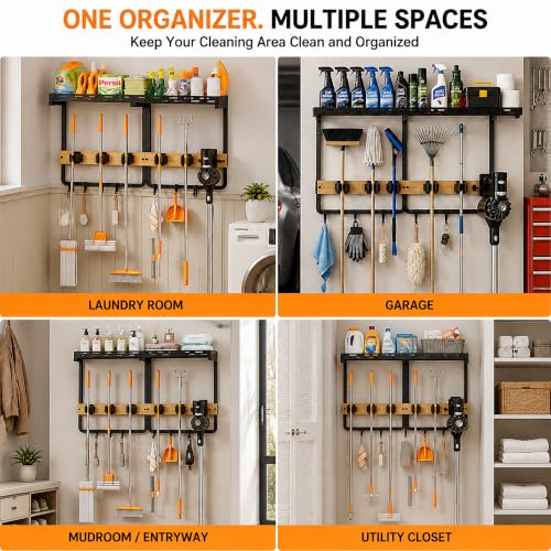 Mop and Broom Holder Wall Mount with Railing Shelf,3-in-1 - Image 7