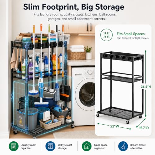 Cleaning Supplies Organizer Cart with Wheels, Broom and Mop - Image 5