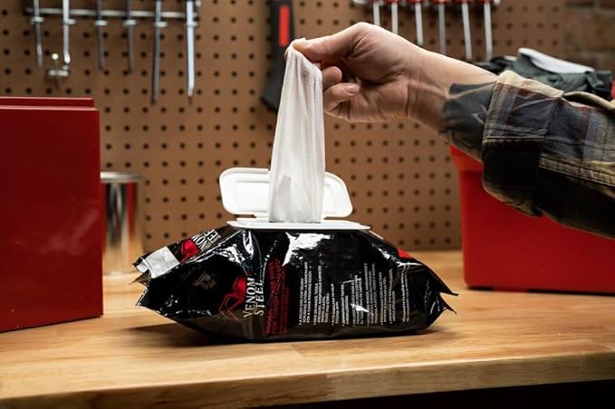 Venom Steel Workshop Wipes with Scrubbing Beads, for Grease, Grime, Oil, Paint and Caulk, Safe on Hands, Tools, and Non Porous Surfaces, Light Citrus Scent, 8" x 12" Cloths, 60 Wipes