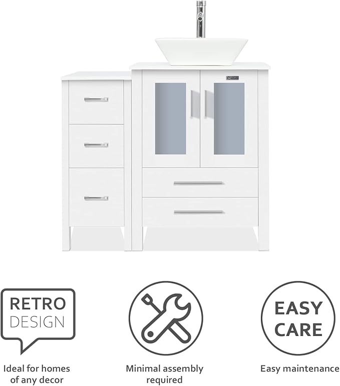 eclife 36" Modern Bathroom Vanity Sink Combo Freestanding Cabinet with Small Side Cabinet, White Square Ceramic Vessel Sink, Water Save Faucet, Drain (White+A07)