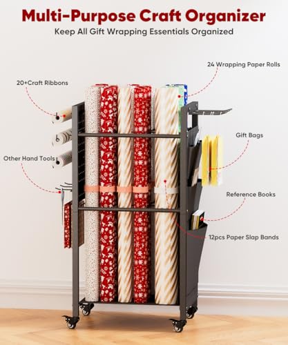 Wrapping Paper Storage Organizer with Wheels & Bag Storage, Black - Image 5