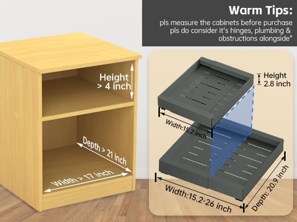 4Pack Expandable Pull Out Cabinet Organizer 21" Deep - Sliding Drawer Organizer Roll Out Shelves Adhesive - Adjustable Width 15.2"-26.2" W (Black)