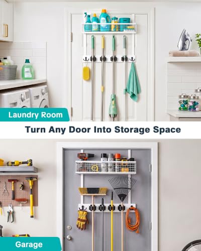 Over the Door Broom Holder with Basket, Wooden Mop & Broom - Image 7