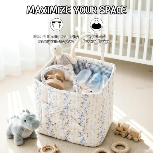 Quilted Fabric Car Storage Basket with Handles & Pocket - Image 8
