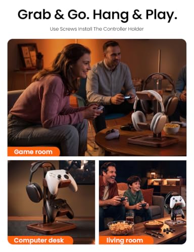Walnut Headphone and Controller Stand, 2-in-1 Holder with Storage - Image 7