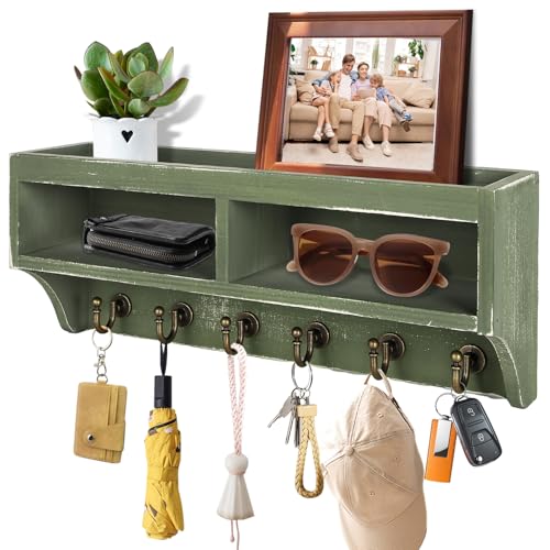 Key Holder Wall Mount with Mail Organizer, 6 Hooks & Shelf, Green - Image 2