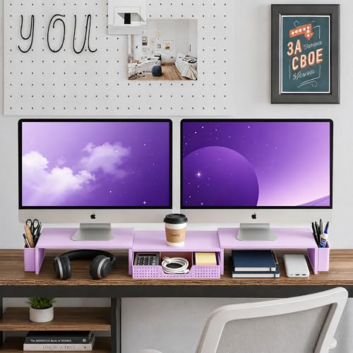 Dual Monitor Stand Riser with Drawer and 2 Pen Holders, Purple - Image 5