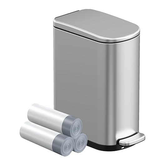 2.6 Gal Bathroom Trash Can with Soft Close Stay Open Lid, Small Rectangular 10L Stainless Steel Waste bin for Narrow Space, Waterproof, Odor Protection, Gold