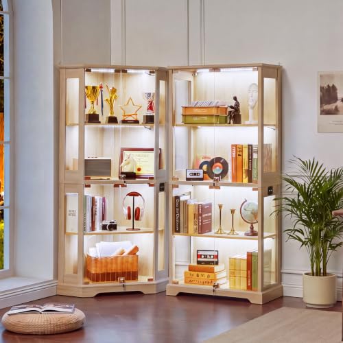 Farmhouse Glass Display Cabinet, Natural Curio Cabinet Set of 2 - Image 3