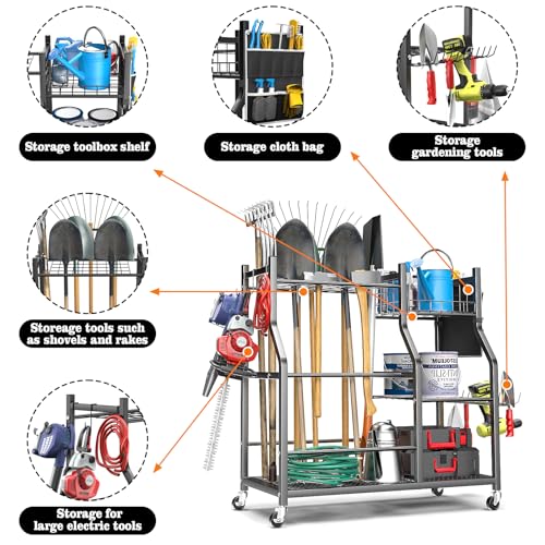 36" Large Garden Tool Organizer with Wheels & Side Tool Bag - Image 8