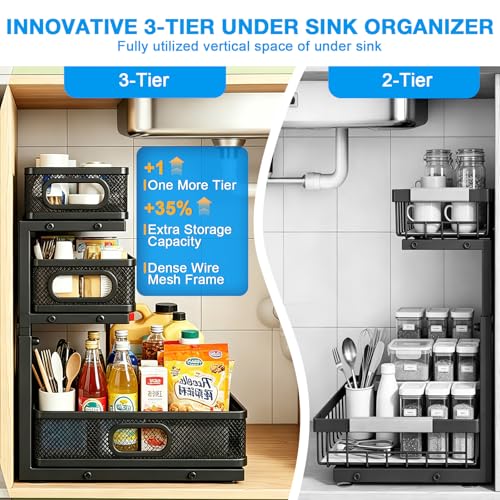 Under Sink Organizer,3-Tier Thickened Metal Pull out Cabinet OrganizerShelf