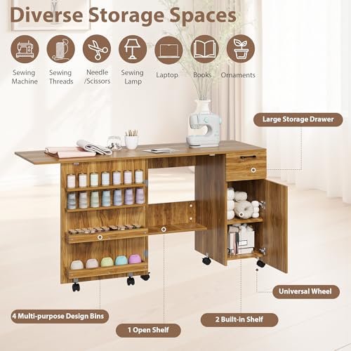 Sewing Table Folding – Storage Shelves Sliding Drawer - Image 5
