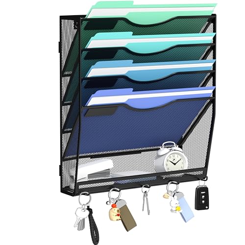 5-Tier Hanging Wall File Organizer with 5 Hooks - Wall - Image 2