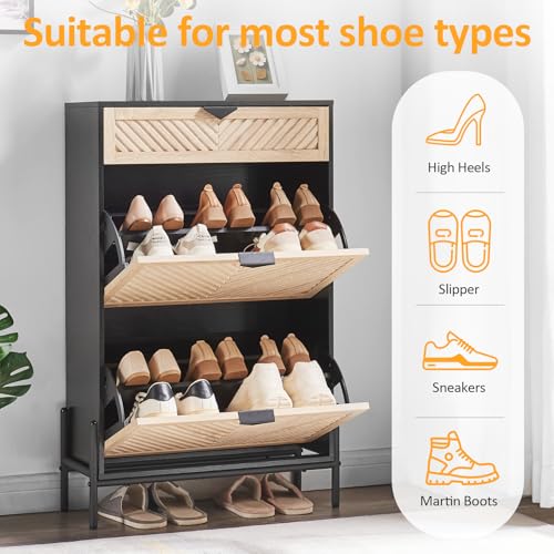 Shoe Cabinet with 2 Flip Drawers, Narrow Entryway Rack, Oak&Black - Image 4