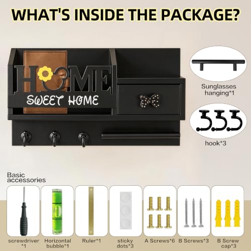 Key Holder Wall Mount with 3 Hooks and Storage Drawer - Image 4