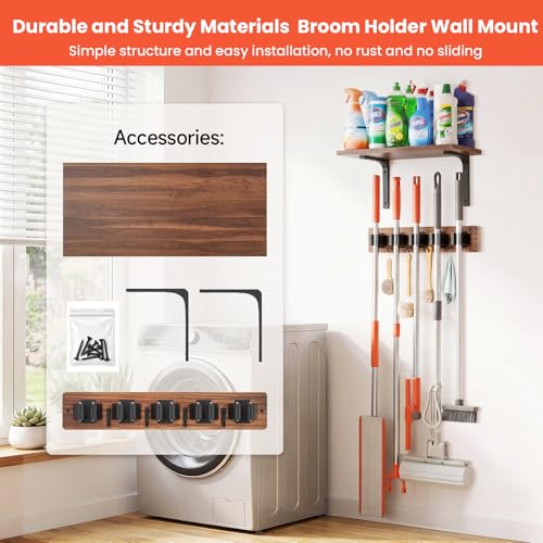 Broom Holder Wall Mount, Wooden Shelf, Rustic Wood Broom Hanger - Image 7