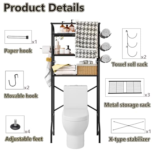 Over The Toilet Storage Shelf 3 Tier Bathroom Organizer Black - Image 5