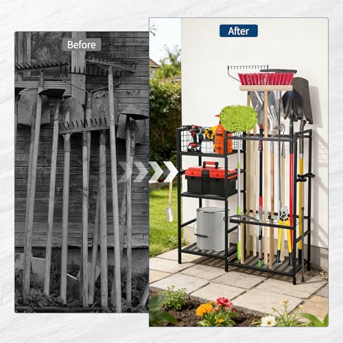 Garden Tool Organizer With Basket,3 Tier Yard Storage Rack - Image 5