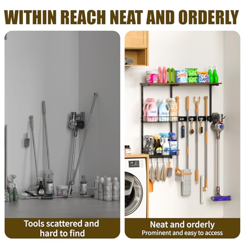 Broom Holder Wall Mount，With A Storage Basket Cleaning - Image 7