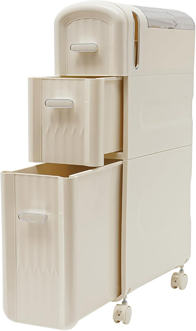 Slim Storage Cabinet, Narrow Towel Cabinet Organizer Bathroom Floor Storage Cabinet with 3 Drawers & 4 Universal Wheels, Freestanding Bathroom Storage Organizer Toilet Paper Holder and Storage