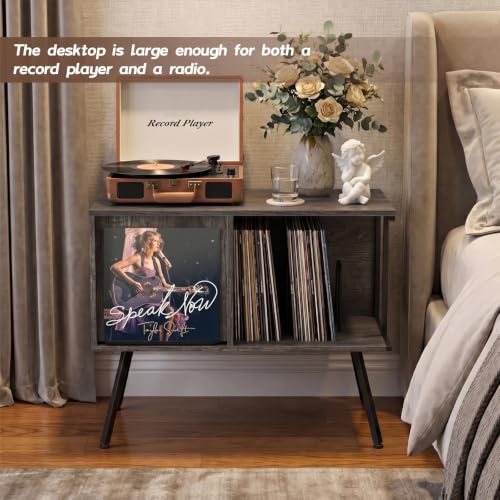 Record Player Stand with Flip-Down Record Shelf, Gray - Image 5