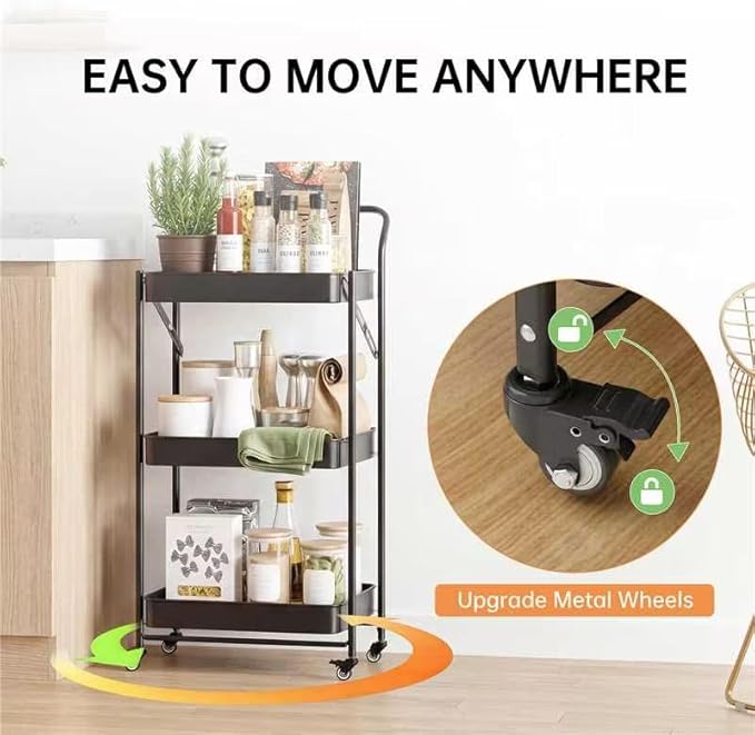 JAQ No Assembly Foldable Rolling Cart, 3 Tier Black Metal Folding Utility Cart with Handle, Heavy Duty Mobile Storage Organizer on Wheels for Office, Garage, Tools & Kitchen (Black)