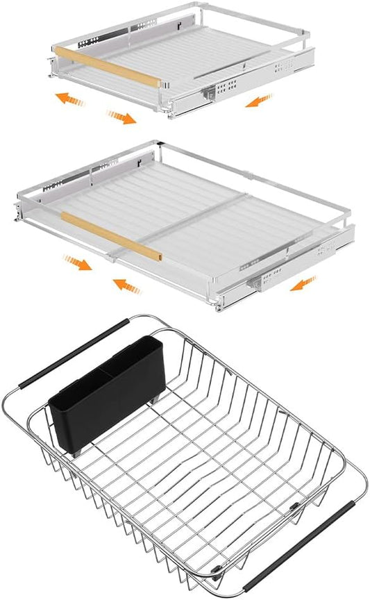 SANNO Expandable Pull Out Cabinet Shelf,Under Sink Slide Out Cabinet Organizer, Expandable Dish Drying Rack Over The Sink Stainless Steel Dish Drainer Dish Rack