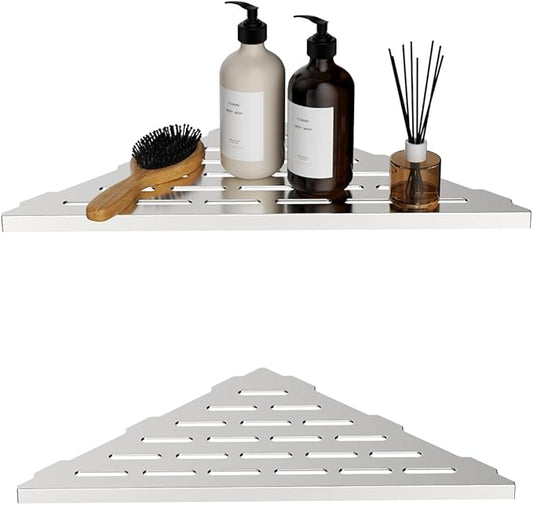 2-Pack 10" Wall Mounted Corner Shower Shelf - No Drilling Recessed Bathroom Shelves, Triangular Shower Caddy Organizer, Rustproof Stainless Steel Shower Shelves for Tiled Walls(Brushed)