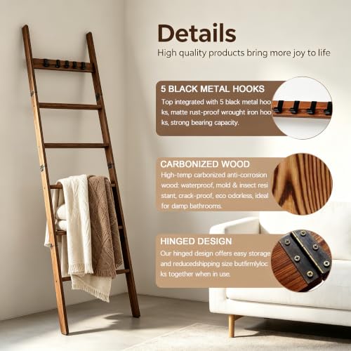 Foldable Blanket Ladder 6 Tier, 68" Solid Wood Quilt Rack - Image 6