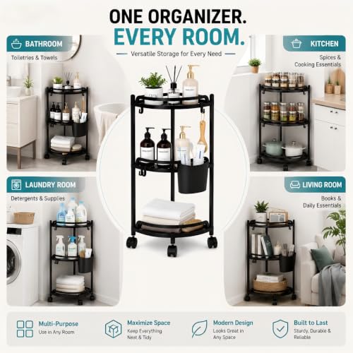 3 Tier Rolling Corner Organizer with Wheels, Freestanding Storage - Image 7