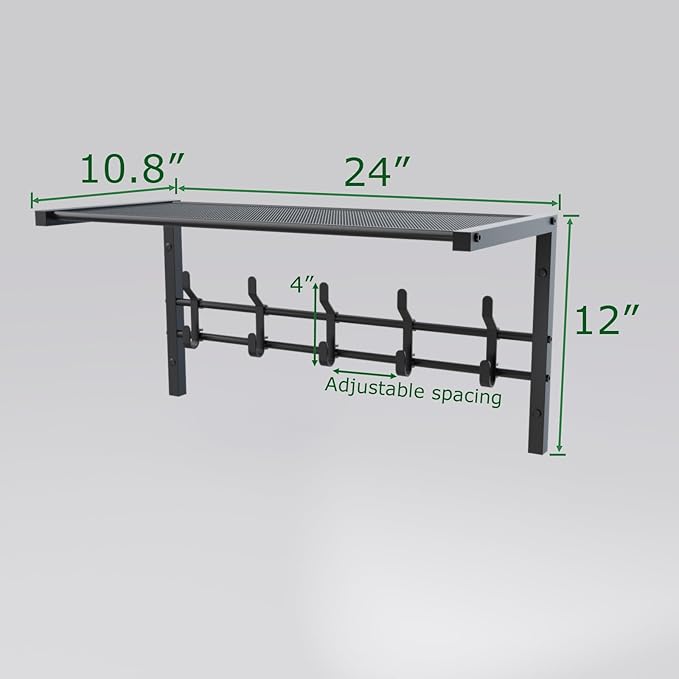 Wall Mount Coat Rack with Shelf and Adjustable Hooks - Entryway Towel Organizer for Bag and Hangers (Black, 24x12 inch)