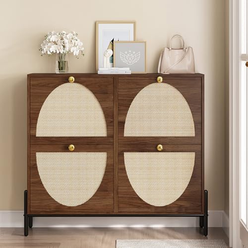 IRONCK Rattan Shoe Cabinet Storage with 4 Flip Drawers, Walnut - Image 5