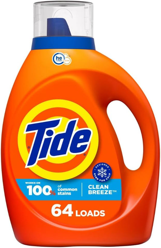 Tide Laundry Detergent Liquid, Clean Breeze Scent, 64 Loads, 80 fl oz, Works on 100% of Common Stains