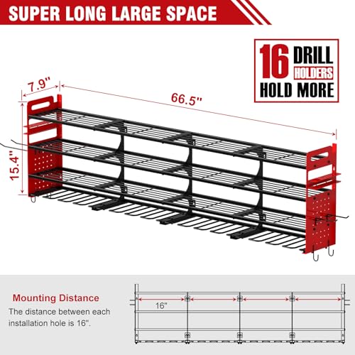 Large 65'' Wide Power Tool Organizer Wall Mount, 4-Tier 16-Drill - Image 5