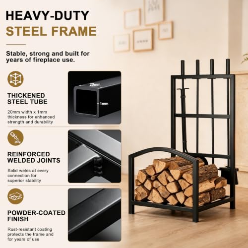 Fireplace Tools Set with Log Rack Holder, Heavy-Duty Steel Frame - Image 4