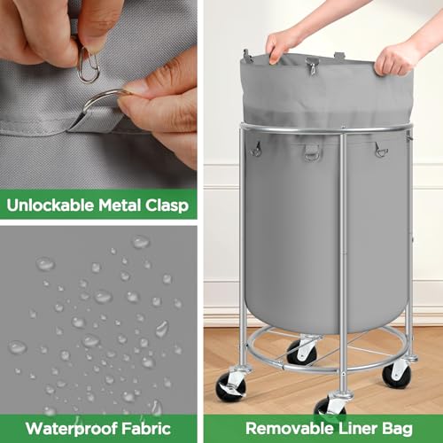 100L Round Rolling Laundry Hamper Basket with Wheels, Grey - Image 6