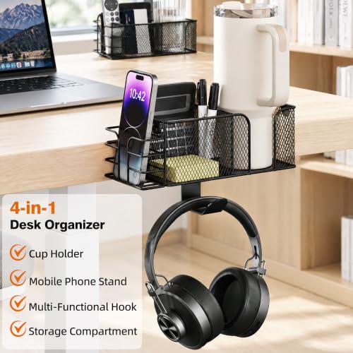 4-in-1 Clamp on Desk Cup Holder, Dual Compartment Mesh - Image 4