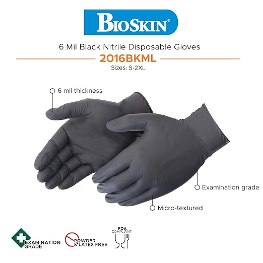 BioSkin Nitrile Exam Grade Disposable Gloves, 6 Mil - X-Large | Powder-Free, Chemical + Puncture Resistant, Textured | for Medical, Industrial, Janitorial, Food Service (Box of 100)