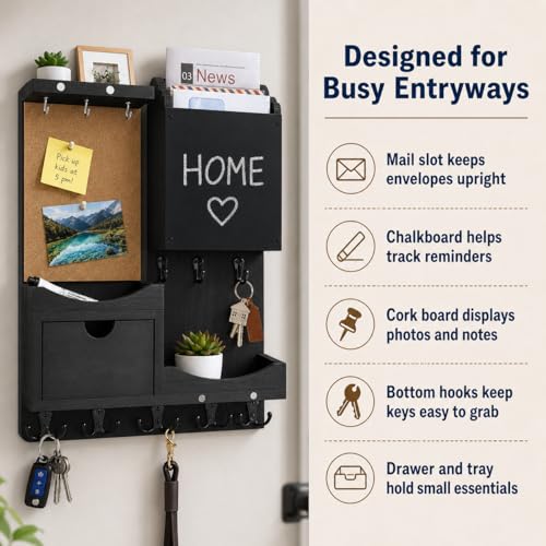 Key Holder Wall Mount with Drawer and Mail Organizer, Black - Image 6
