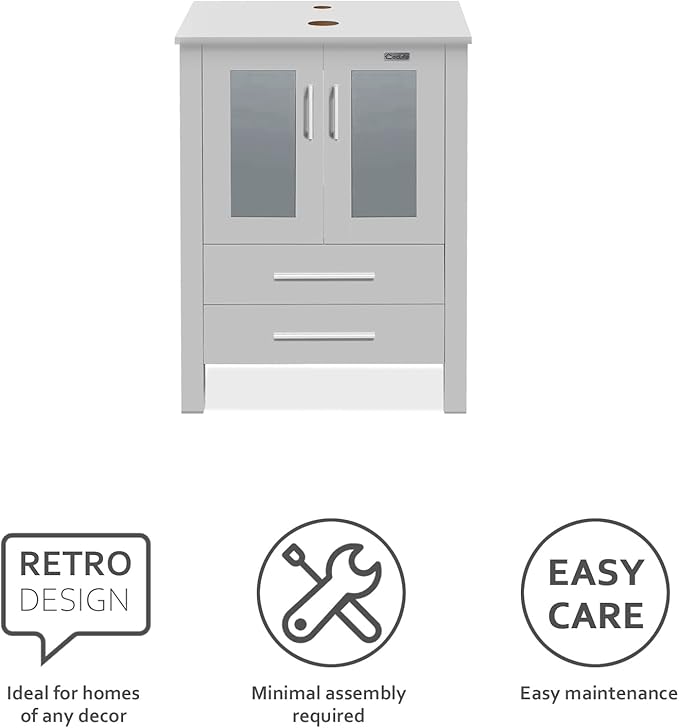 eclife 84" Modern Bathroom Vanity Sink Combo Freestanding Cabinet with Small Side Cabinet, Brown Boat Glass Vessel Sink, Water Save Faucet, Drain (Gray+A29BR)