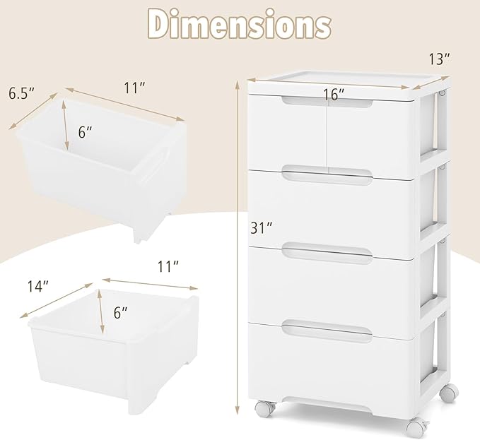 Plastic Storage Drawer Cart, Mobile Utility Cart, Home Craft Organizer with 5 Drawers & Lockable Wheels, Slim Rolling Storage Cart for Living Room, Bathroom, Dorm & Office (16”L x 13”W x 31”H)