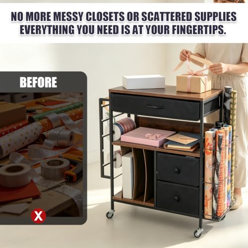 Wrapping Paper Storage Cart, Rolling Gift Wrap Station - Image 4
