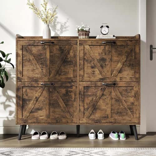 Farmhouse Shoe Cabinet Storage with 4 Flip Drawers, Rustic - Image 4