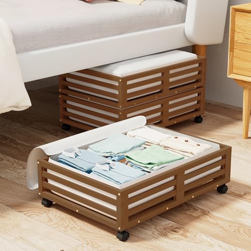 2 Packs Bamboo Under Bed Storage Organizer with Wheels - Image 3