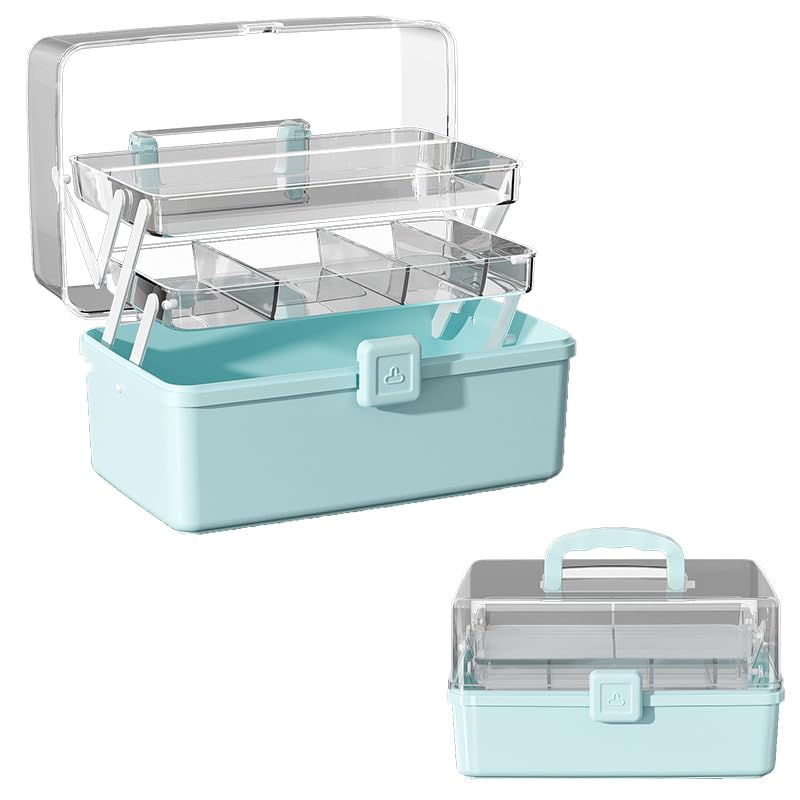 Large 3-Layer Craft Storage Box with Handle, Blue - Image 1